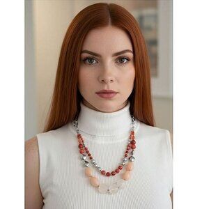 NECKLACE - Beaded, peach/orange/silver